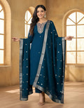 Midnight Blue Roman Silk Embroidered Kurti Set with Dupatta