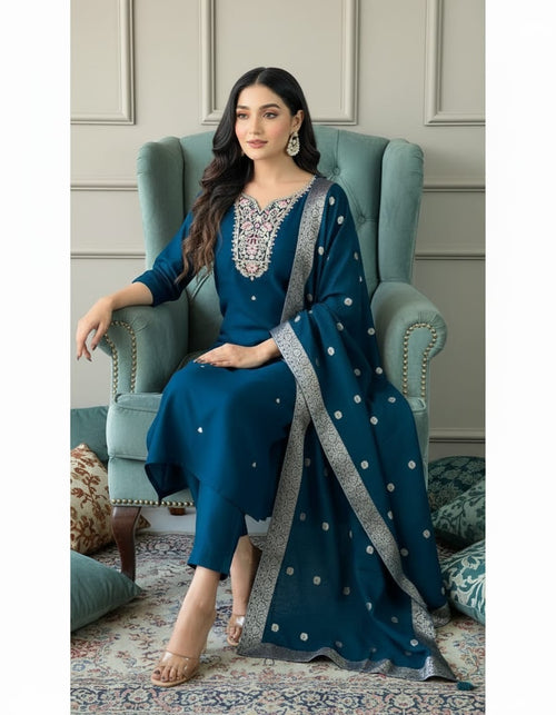 Midnight Blue Roman Silk Embroidered Kurti Set with Dupatta