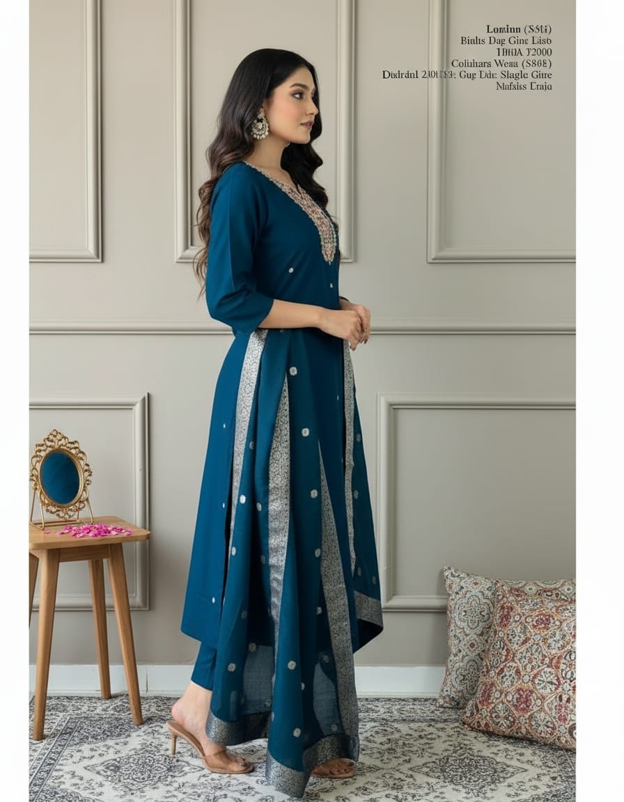 Midnight Blue Roman Silk Embroidered Kurti Set with Dupatta
