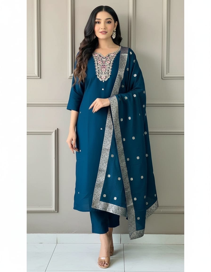 Midnight Blue Roman Silk Embroidered Kurti Set with Dupatta