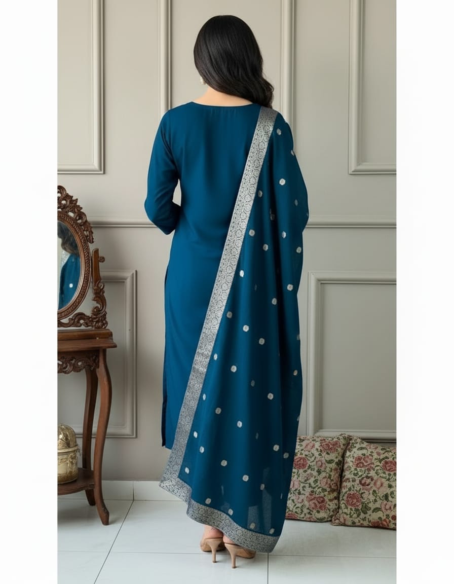 Midnight Blue Roman Silk Embroidered Kurti Set with Dupatta