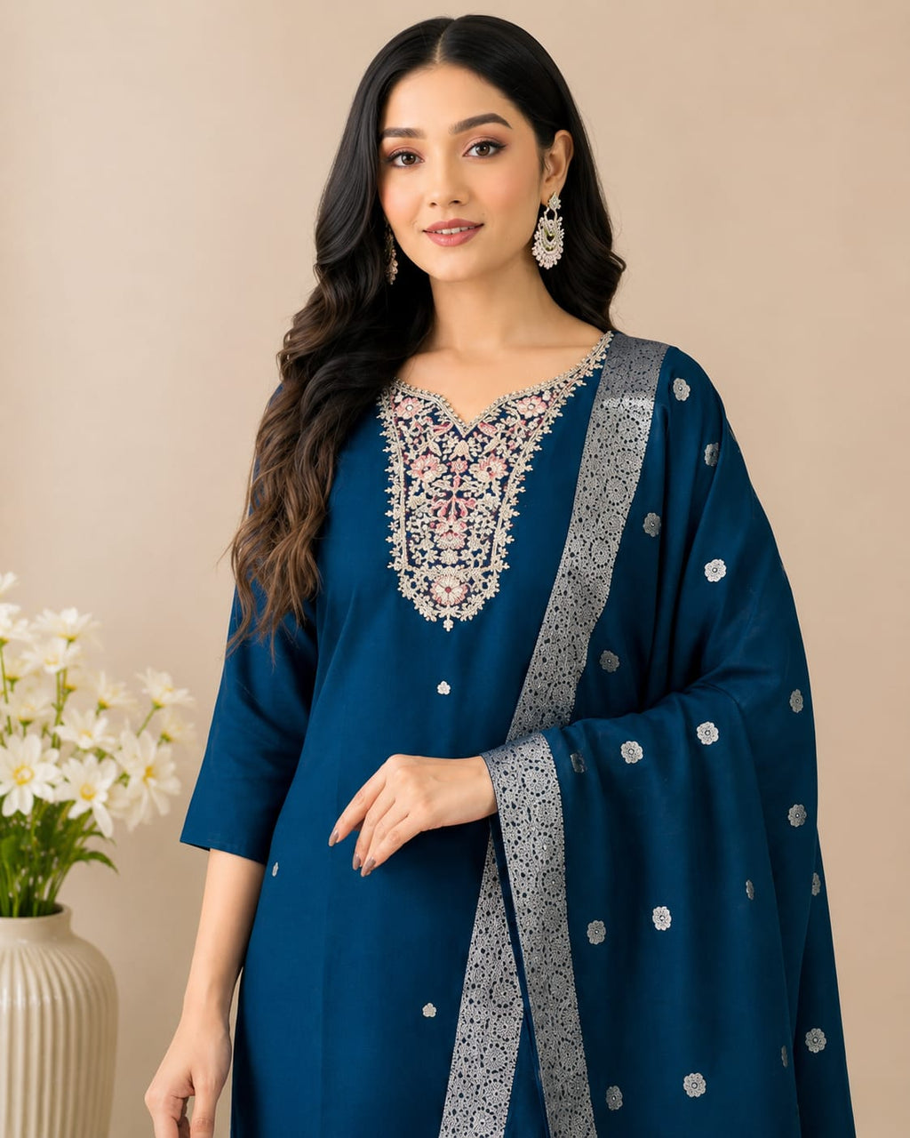 Mehar-E-Neel Midnight Blue Roman Silk Embroidered Kurti Set with Dupatta