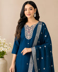 Mehar-E-Neel Midnight Blue Roman Silk Embroidered Kurti Set with Dupatta