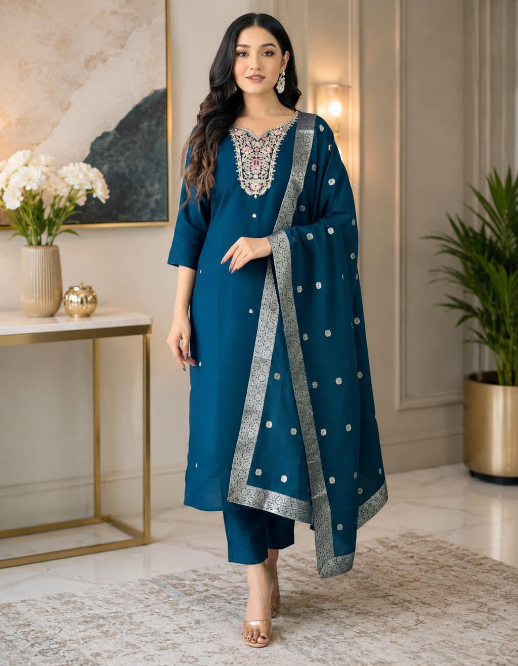 Mehar-E-Neel Midnight Blue Roman Silk Embroidered Kurti Set with Dupatta
