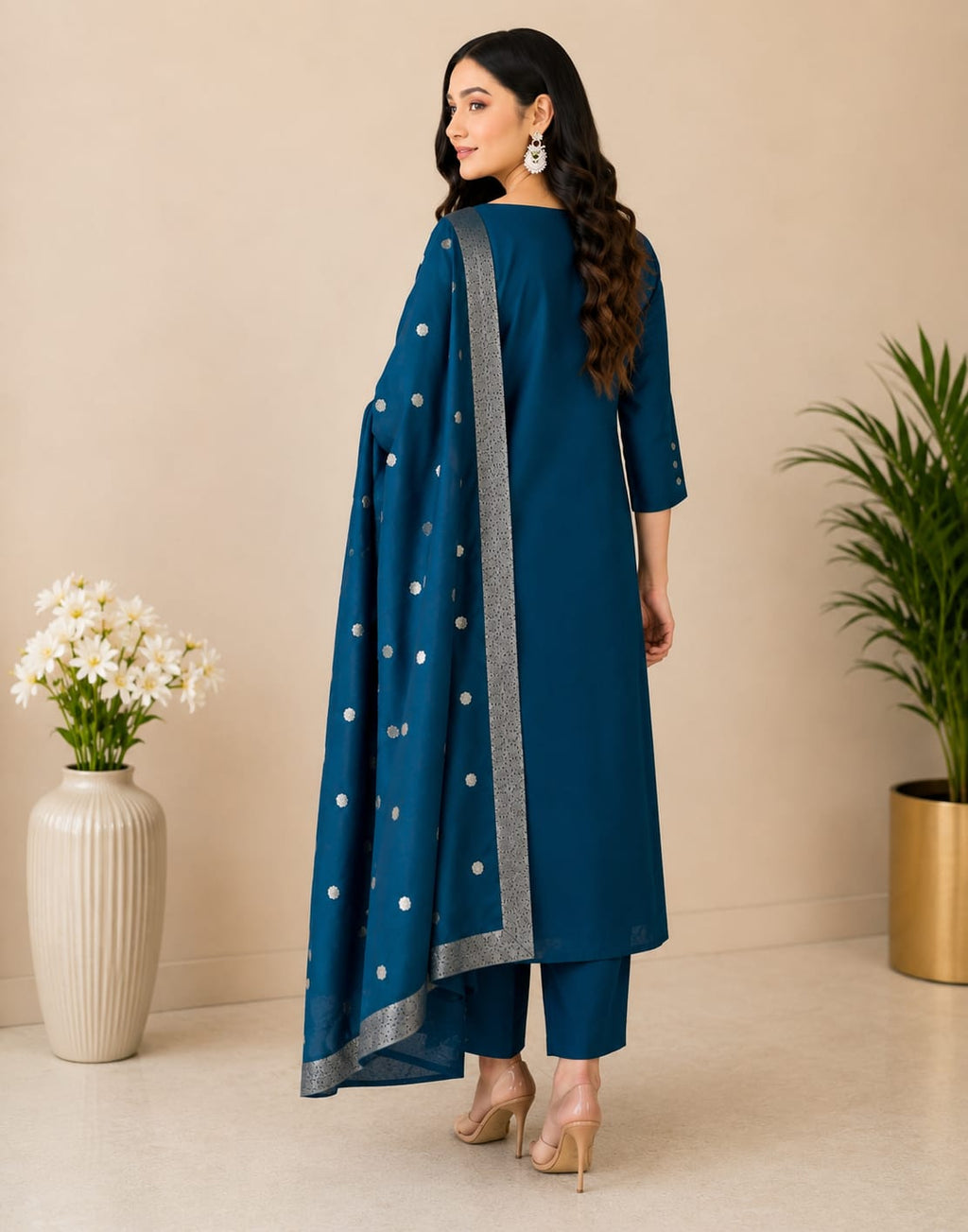 Mehar-E-Neel Midnight Blue Roman Silk Embroidered Kurti Set with Dupatta