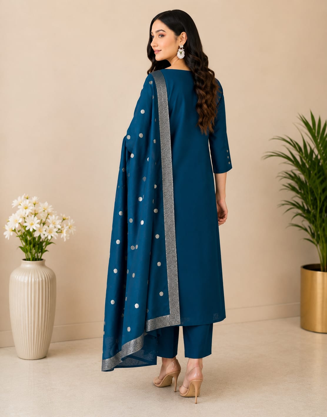 Mehar-E-Neel Midnight Blue Roman Silk Embroidered Kurti Set with Dupatta