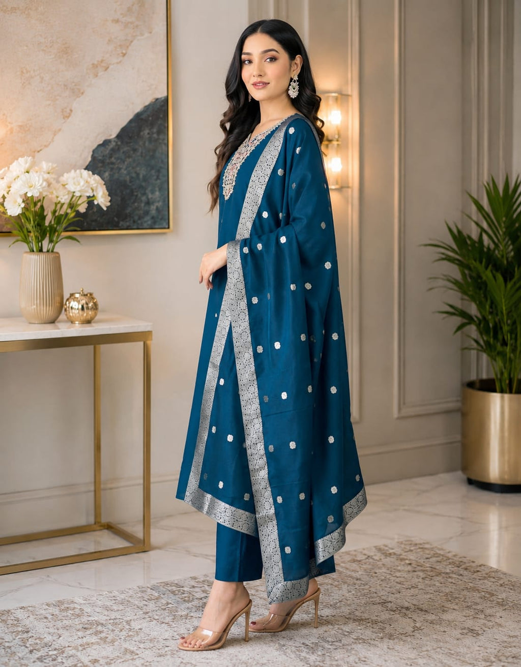 Mehar-E-Neel Midnight Blue Roman Silk Embroidered Kurti Set with Dupatta