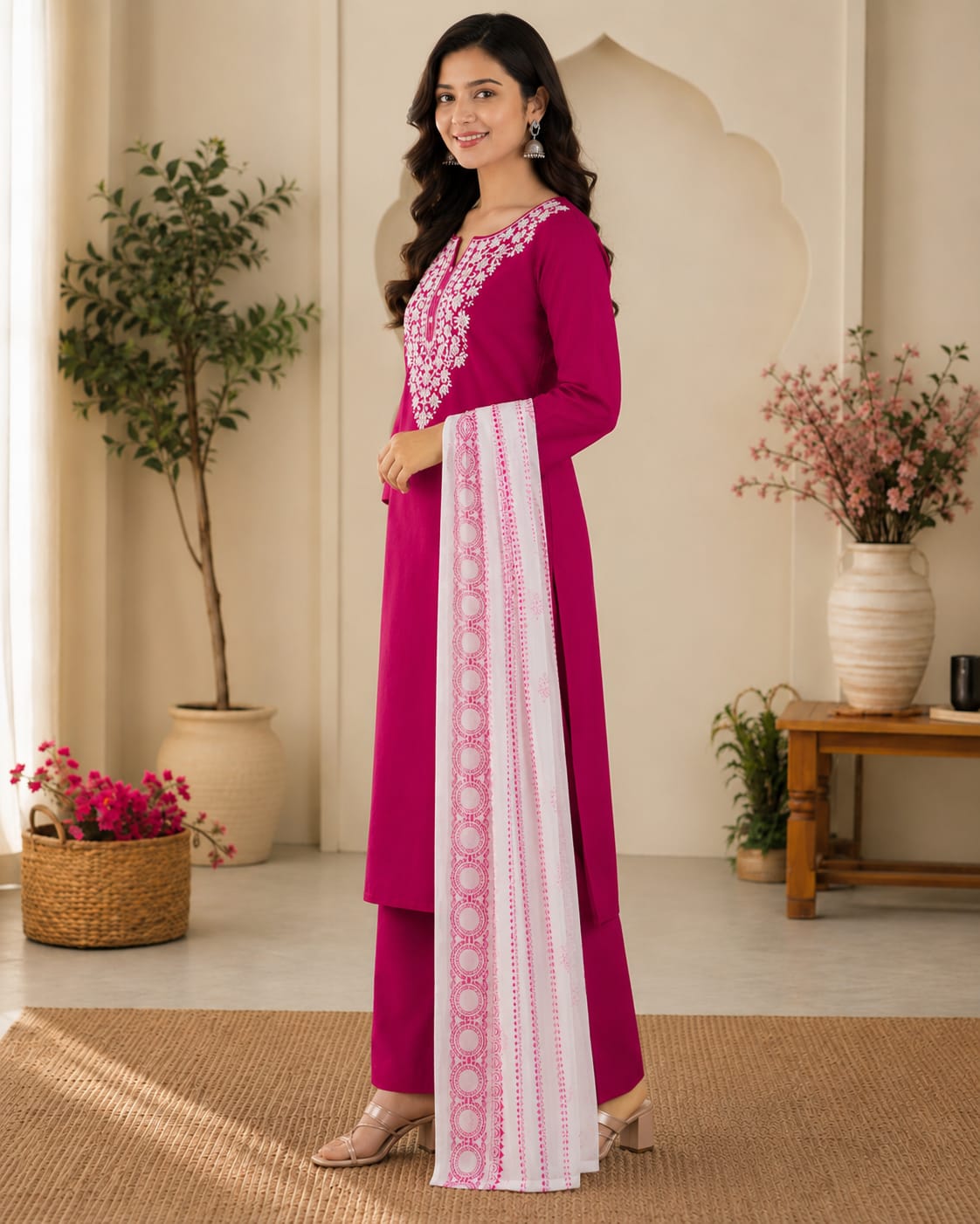 Rangrez- Zari Elegance Magenta Chikankari Kurta Set with Duptta